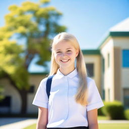 A cute teen blonde schoolgirl with a bright smile, wearing a school uniform, standing in front of a school building