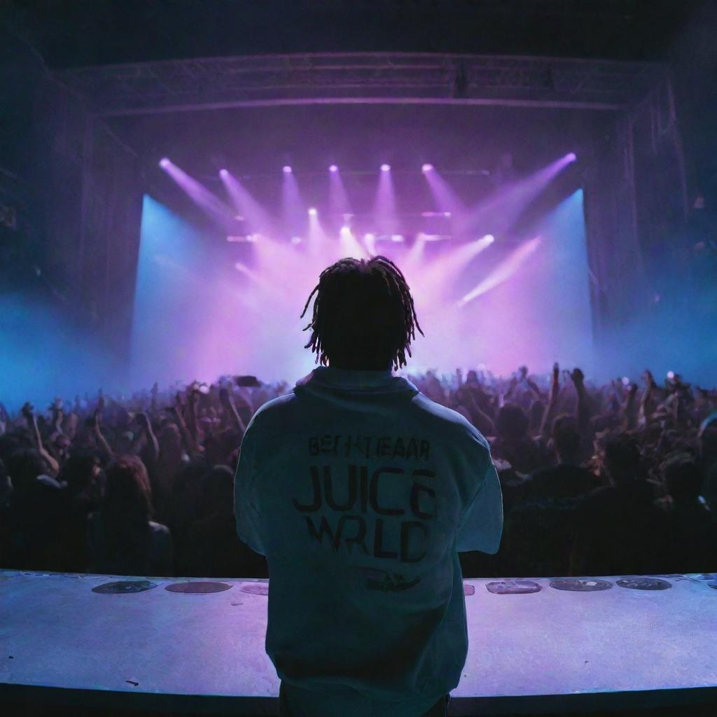 A futuristic concert scene for Juice Wrld set in 2024, with neon lights illuminating the stage and thousands of fans cheering.