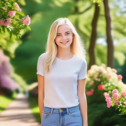 A cute 21-year-old blonde girl with a cheerful expression, wearing casual clothes, standing in a sunny park