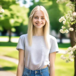 A cute 21-year-old blonde girl with a cheerful expression, wearing casual clothes, standing in a sunny park