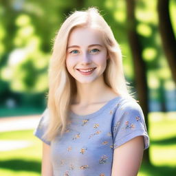 A cute 21-year-old blonde girl with a cheerful expression, wearing casual clothes, standing in a sunny park