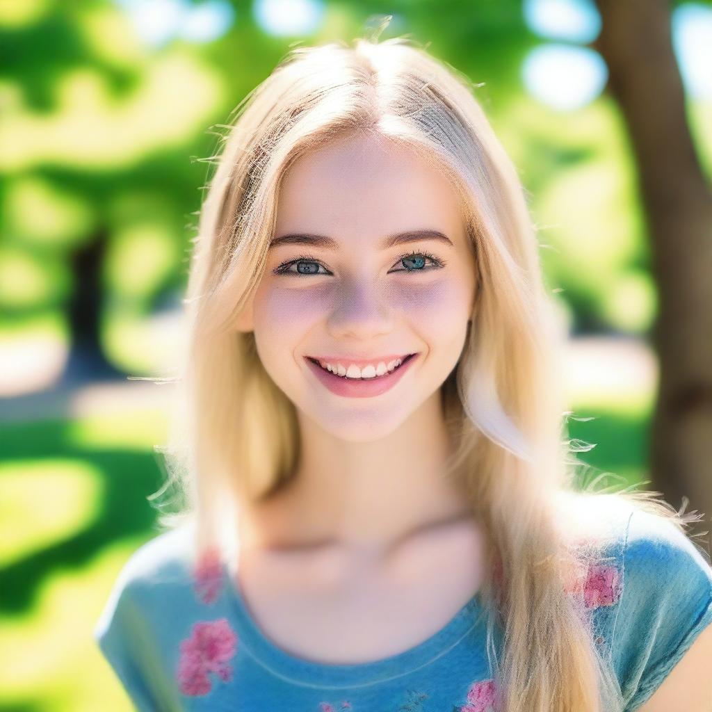 A cute 21-year-old blonde girl with a cheerful expression, wearing casual clothes, standing in a sunny park