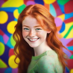 A vibrant and lively 18-year-old redhead girl with a cheerful expression