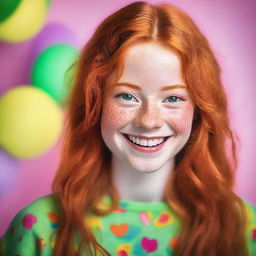 A vibrant and lively 18-year-old redhead girl with a cheerful expression