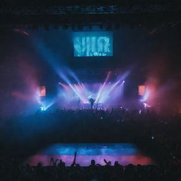 A futuristic concert scene for Juice Wrld set in 2024, with neon lights illuminating the stage and thousands of fans cheering.