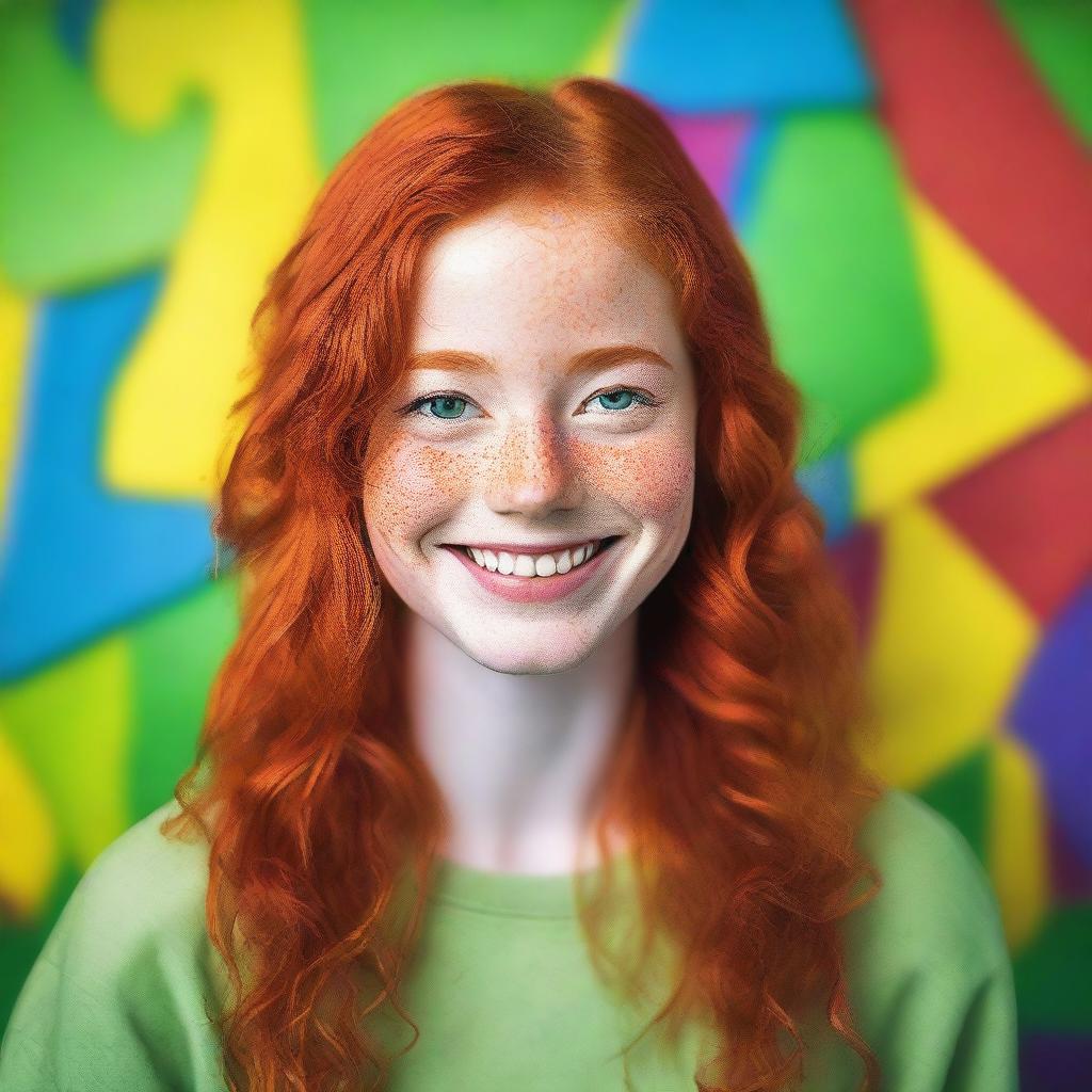 A vibrant and lively 18-year-old redhead girl with a cheerful expression