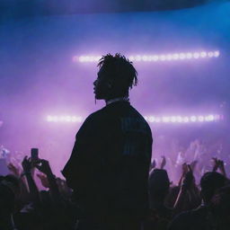 A futuristic concert scene for Juice Wrld set in 2024, with neon lights illuminating the stage and thousands of fans cheering.