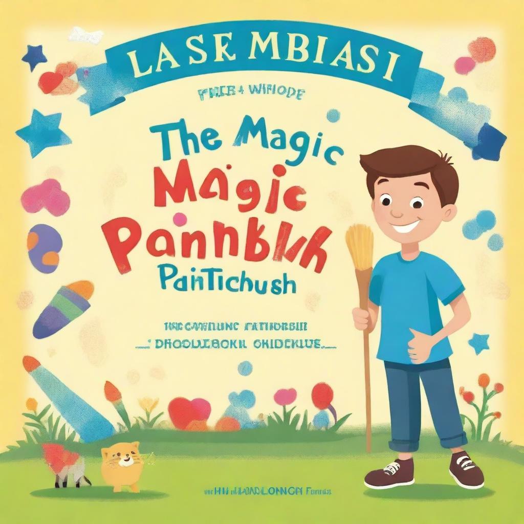 Create a book cover for 'The Magic Paintbrush' with a playful, cartoonish design