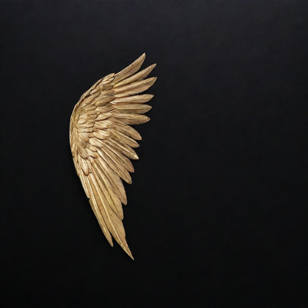 Produce an image of a simple, drawable left wing, using a vibrant gold color for the wing set against a stark black wallpaper for contrast.