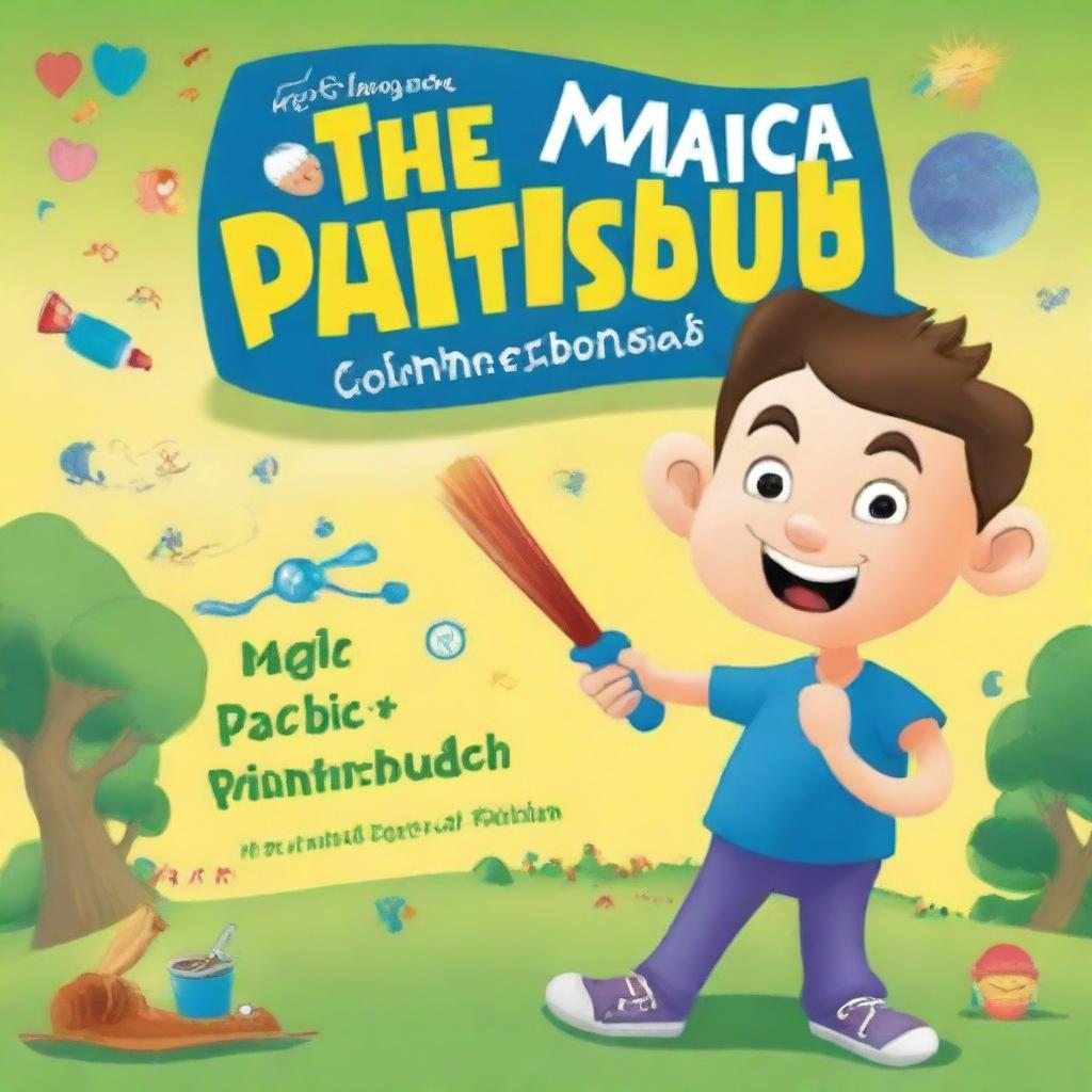 Create a book cover for 'The Magic Paintbrush' featuring a playful, cartoonish design