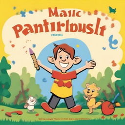 Create a book cover for 'The Magic Paintbrush' featuring a playful, cartoonish design