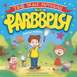 Create a book cover for 'The Magic Paintbrush' featuring a playful, cartoonish design