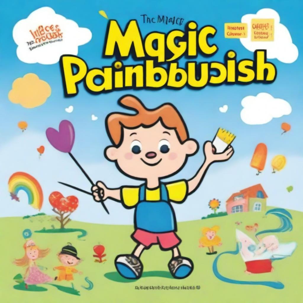 Create a book cover for 'The Magic Paintbrush' featuring a playful, cartoonish design