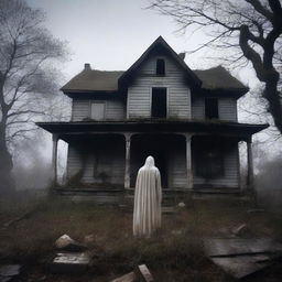 A photograph of an old, abandoned house with a ghostly figure