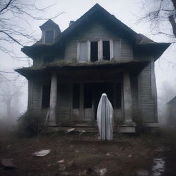 A photograph of an old, abandoned house with a ghostly figure