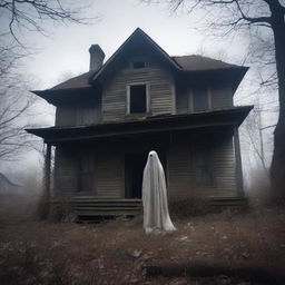 A photograph of an old, abandoned house with a ghostly figure