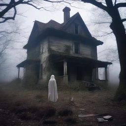 A photograph of an old, abandoned house with a ghostly figure