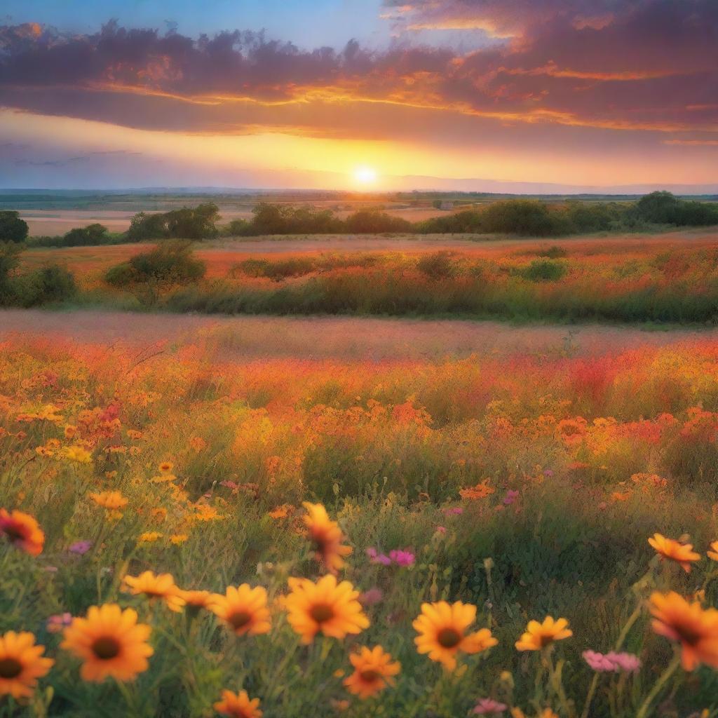 A sunset with a horizon in shades of orange and gold, overlooking a field full of colorful flowers