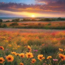 A sunset with a horizon in shades of orange and gold, overlooking a field full of colorful flowers