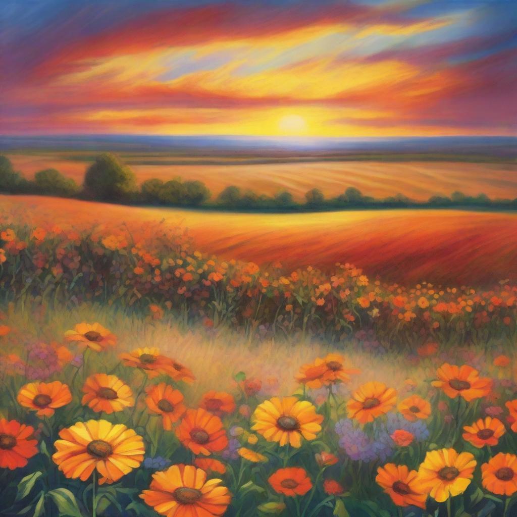 A sunset with a horizon in shades of orange and gold, overlooking a field full of colorful flowers