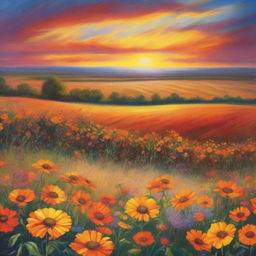 A sunset with a horizon in shades of orange and gold, overlooking a field full of colorful flowers