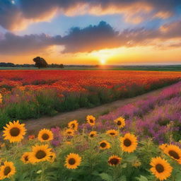 A sunset with a horizon in shades of orange and gold, overlooking a field full of colorful flowers