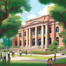 A detailed and vibrant depiction of an academic institution, with students engaging in various activities such as studying, sports, and arts