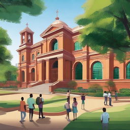 A detailed and vibrant depiction of an academic institution, with students engaging in various activities such as studying, sports, and arts