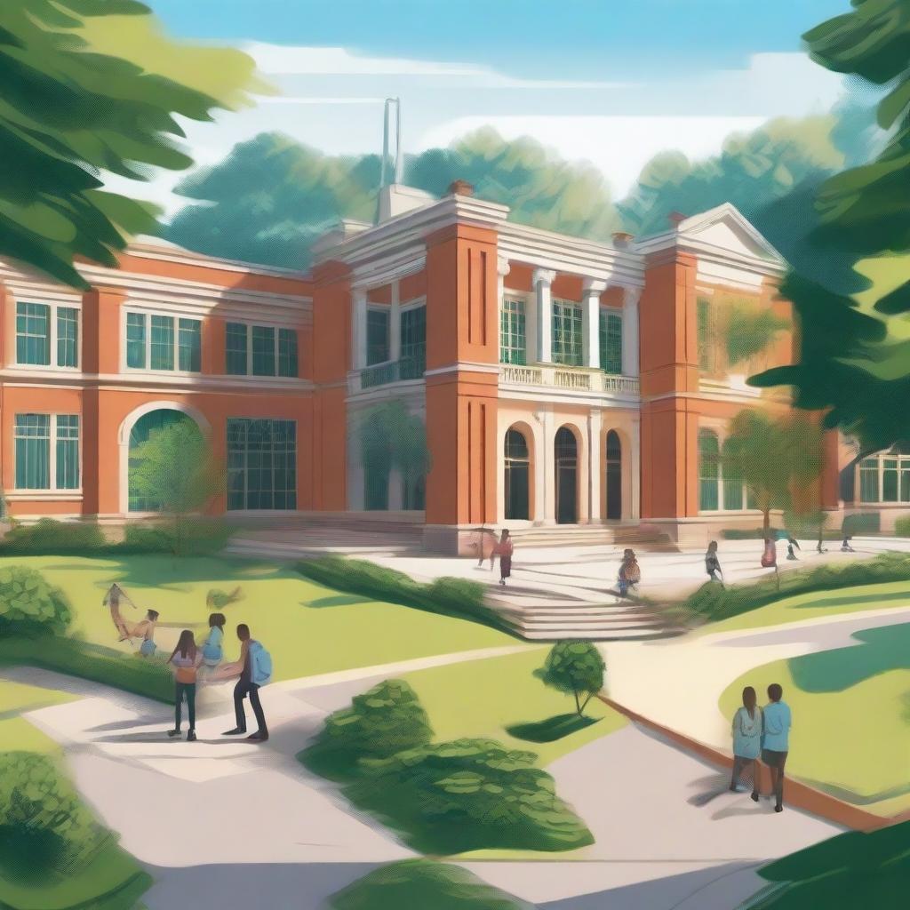 A detailed and vibrant depiction of an academic institution, with students engaging in various activities such as studying, sports, and arts