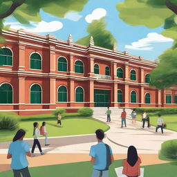 A detailed and vibrant depiction of an academic institution, with students engaging in various activities such as studying, sports, and arts