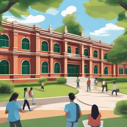 A detailed and vibrant depiction of an academic institution, with students engaging in various activities such as studying, sports, and arts