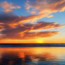 A sunset with a horizon in shades of orange and gold, overlooking a calm sea with blue waters