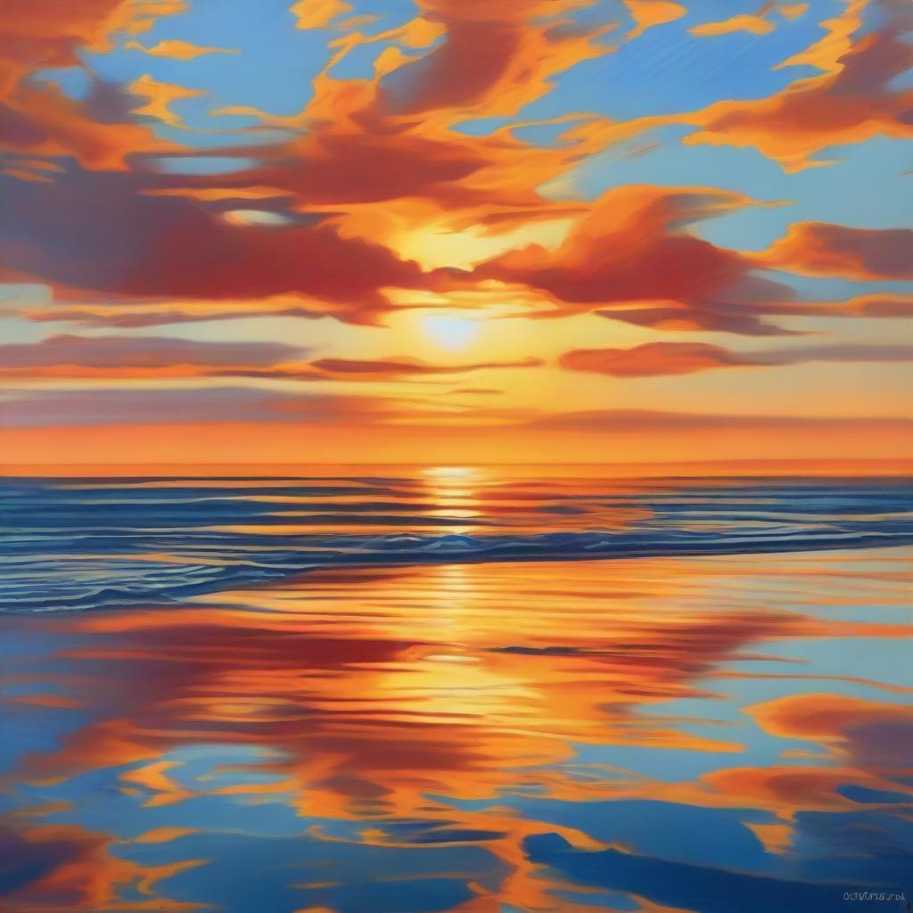 A sunset with a horizon in shades of orange and gold, overlooking a calm sea with blue waters