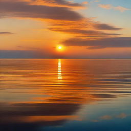 A sunset with a horizon in shades of orange and gold, overlooking a calm sea with blue waters