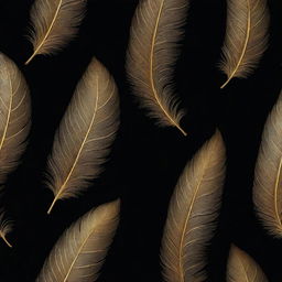 Generate a detailed image of a left wing ideal for drawing, featuring intricate feather details in radiant gold, contrasted against a deep black wallpaper.