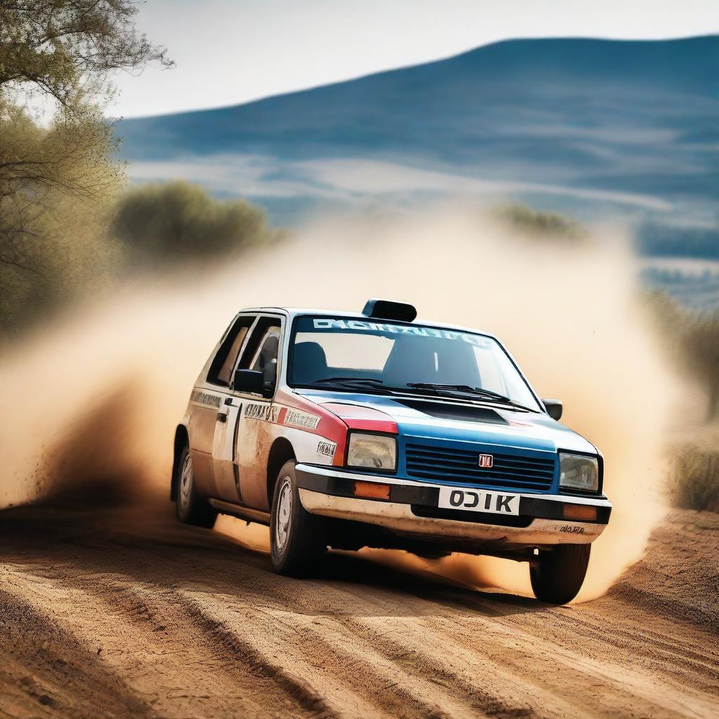 A detailed and dynamic image of a Fiat Uno Turbo rally car speeding through a dirt track, kicking up dust and gravel