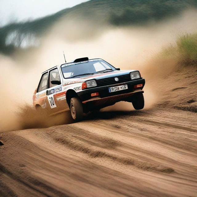 A detailed and dynamic image of a Fiat Uno Turbo rally car speeding through a dirt track, kicking up dust and gravel