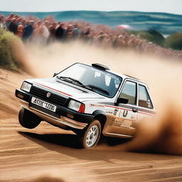 A detailed and dynamic image of a Fiat Uno Turbo rally car speeding through a dirt track, kicking up dust and gravel