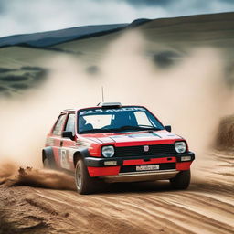 A detailed and dynamic image of a Fiat Uno Turbo rally car speeding through a dirt track, kicking up dust and gravel