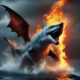 A fierce dragon breathing fire onto a shark