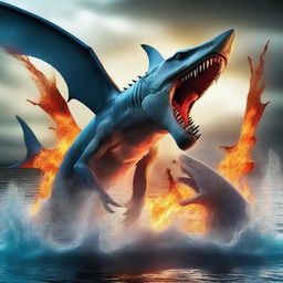 A fierce dragon breathing fire onto a shark