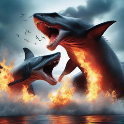 A fierce dragon breathing fire onto a shark