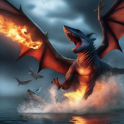 A fierce dragon breathing fire onto a shark