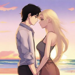 A romantic couple with a black-haired girl and a blonde-haired guy