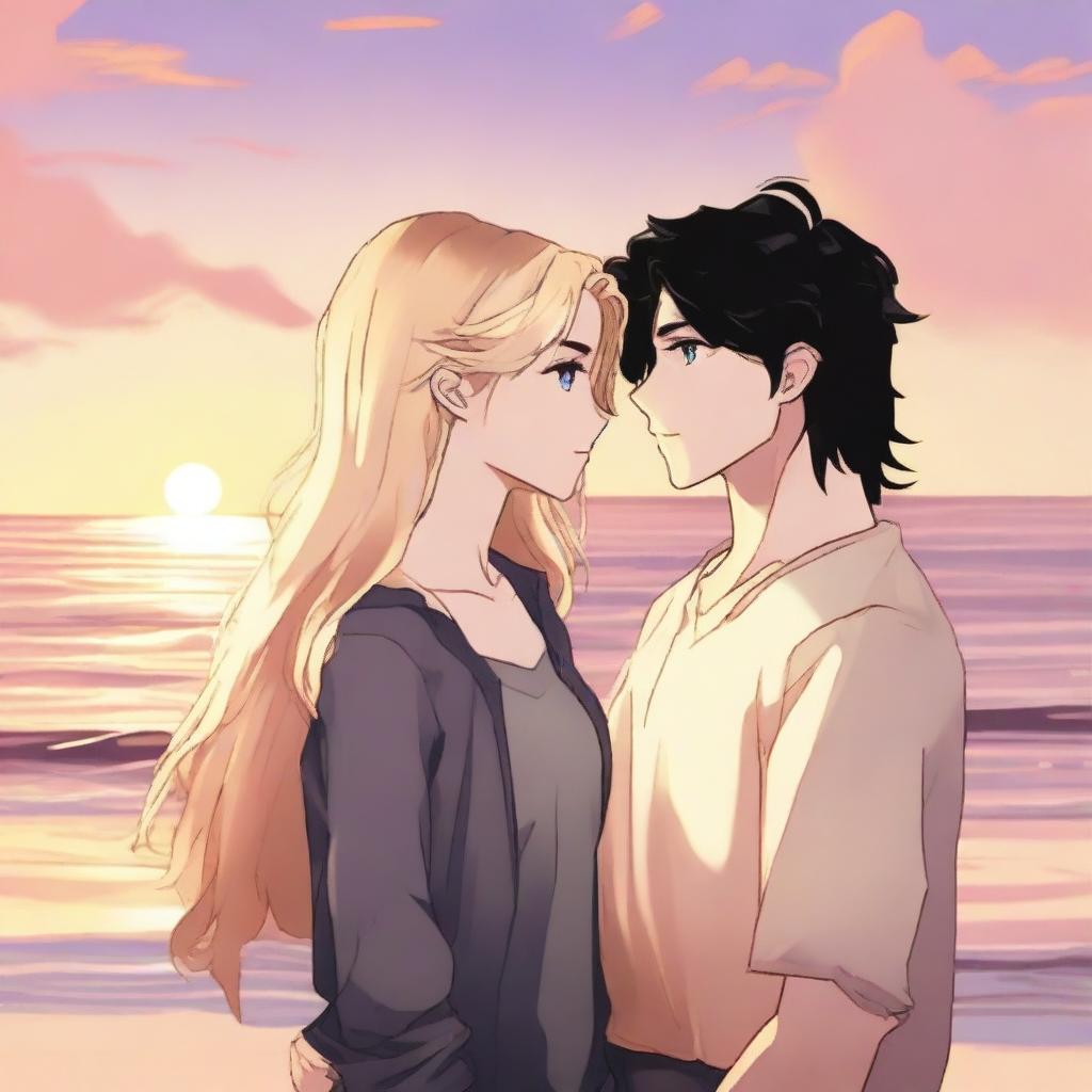 A romantic couple with a black-haired girl and a blonde-haired guy