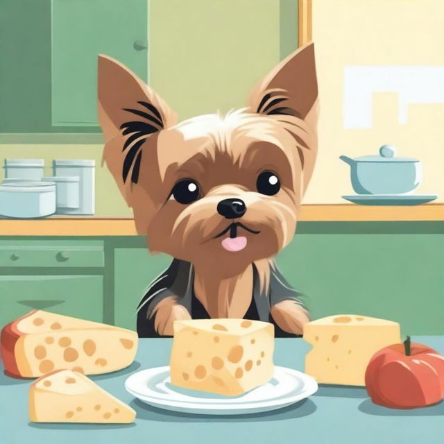 A detailed illustration of a Yorkshire Terrier eating a small cheese