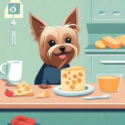 A detailed illustration of a Yorkshire Terrier eating a small cheese