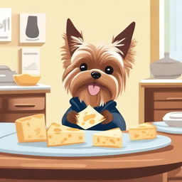 A detailed illustration of a Yorkshire Terrier eating a small cheese