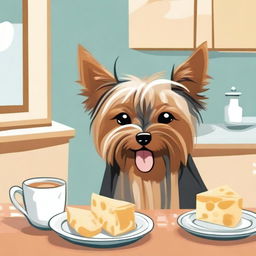 A detailed illustration of a Yorkshire Terrier eating a small cheese