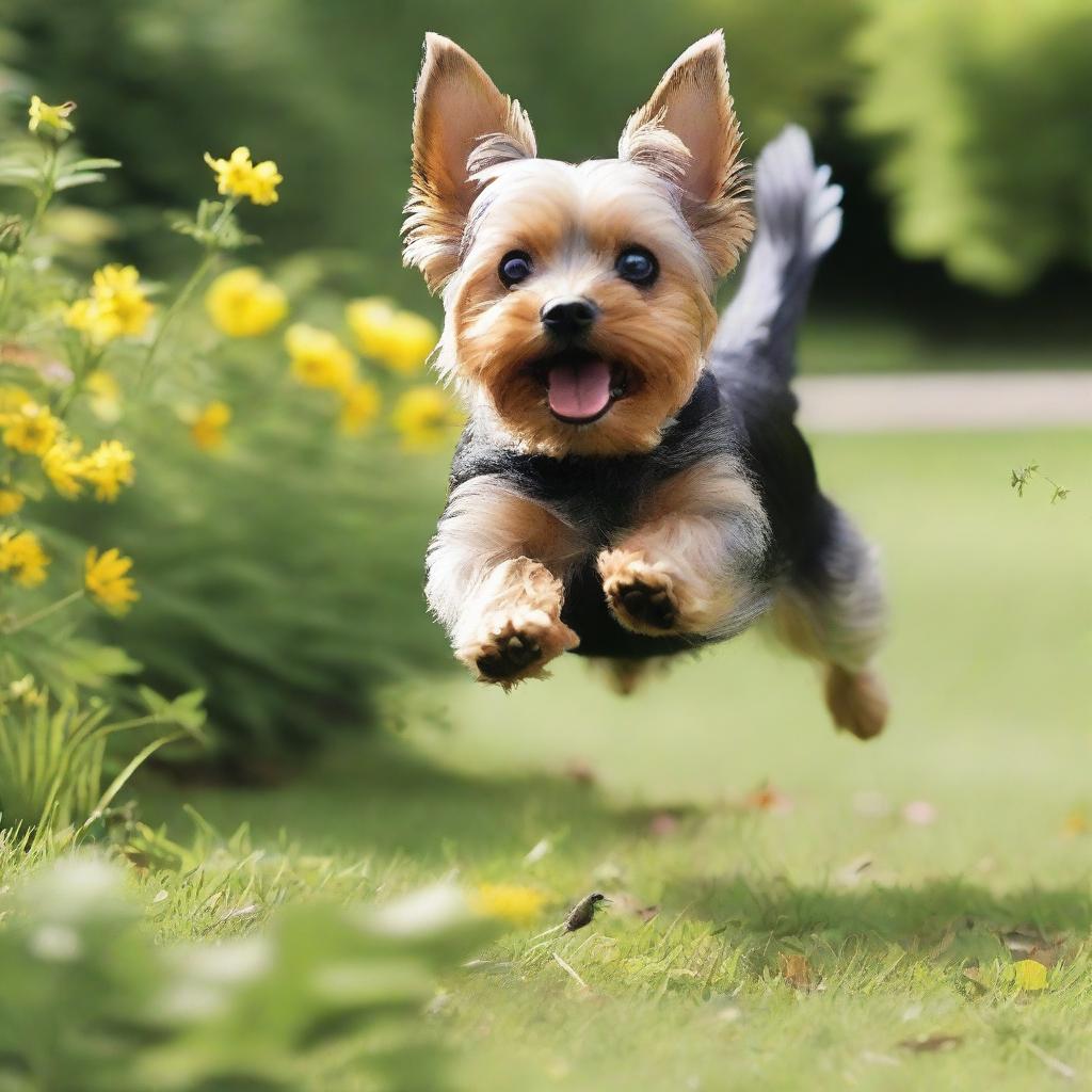 A Yorkshire Terrier dog energetically catching a rat in a garden